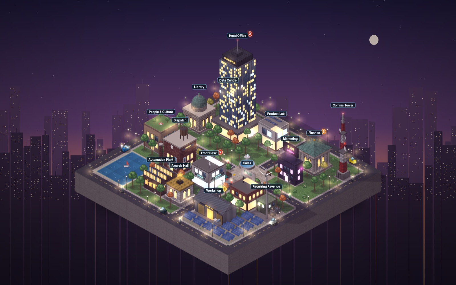 A city at dusk, with glass towers and neon signs