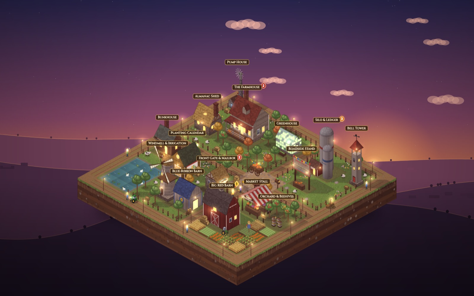 A farm with barns, fields and a market stall