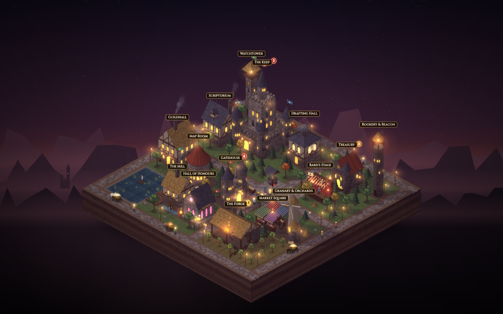 A castle realm at dusk, with a keep, guildhall, treasury and market square