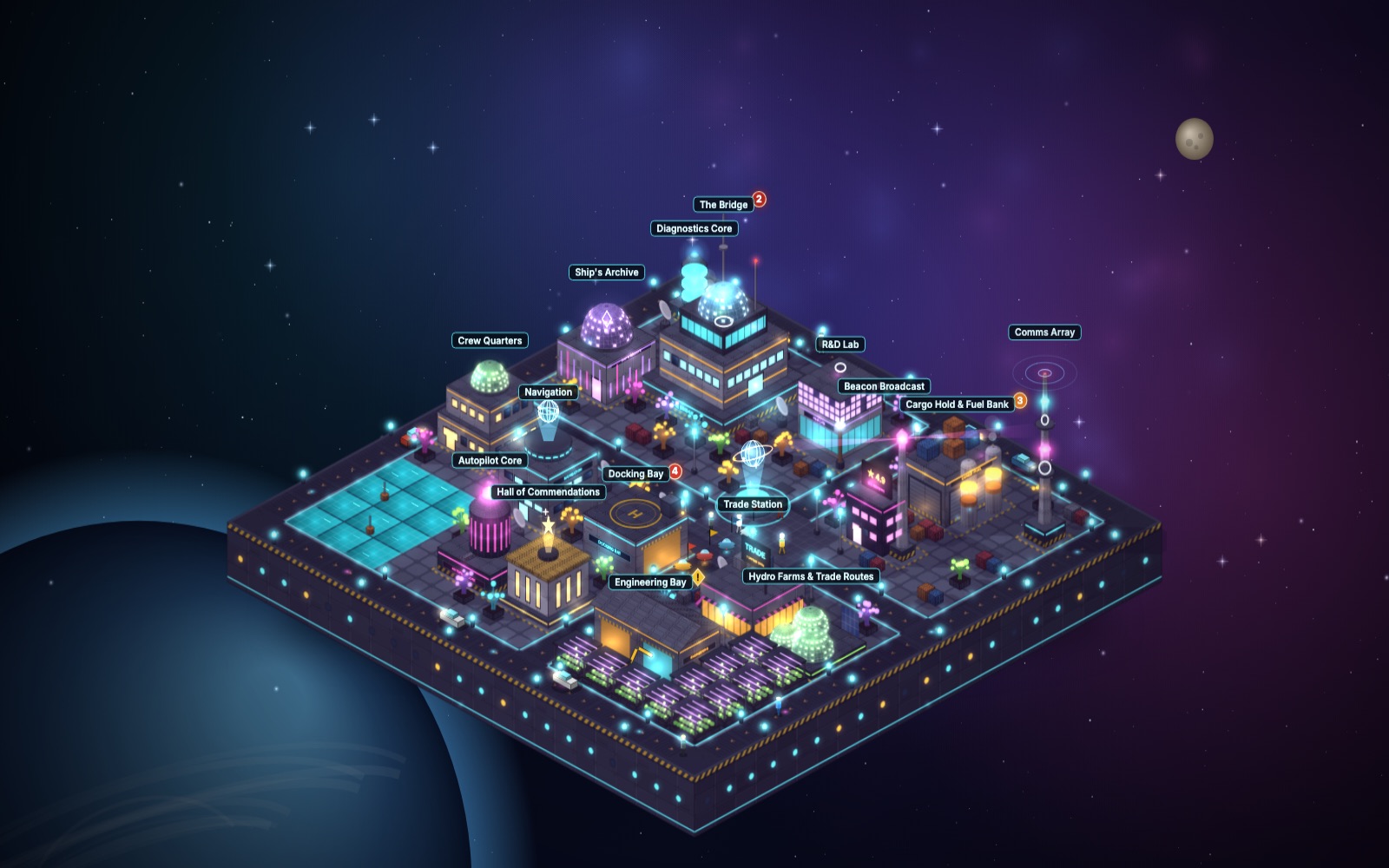 A starship deck with modules and landing pads
